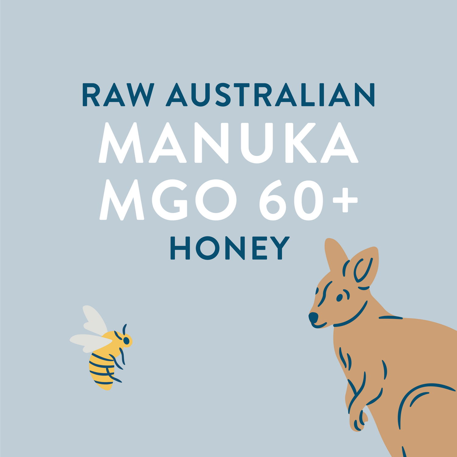 Raw Australian Manuka MGO 60+ Honey in a blue square with a picture of a kangaroo looking at a bee