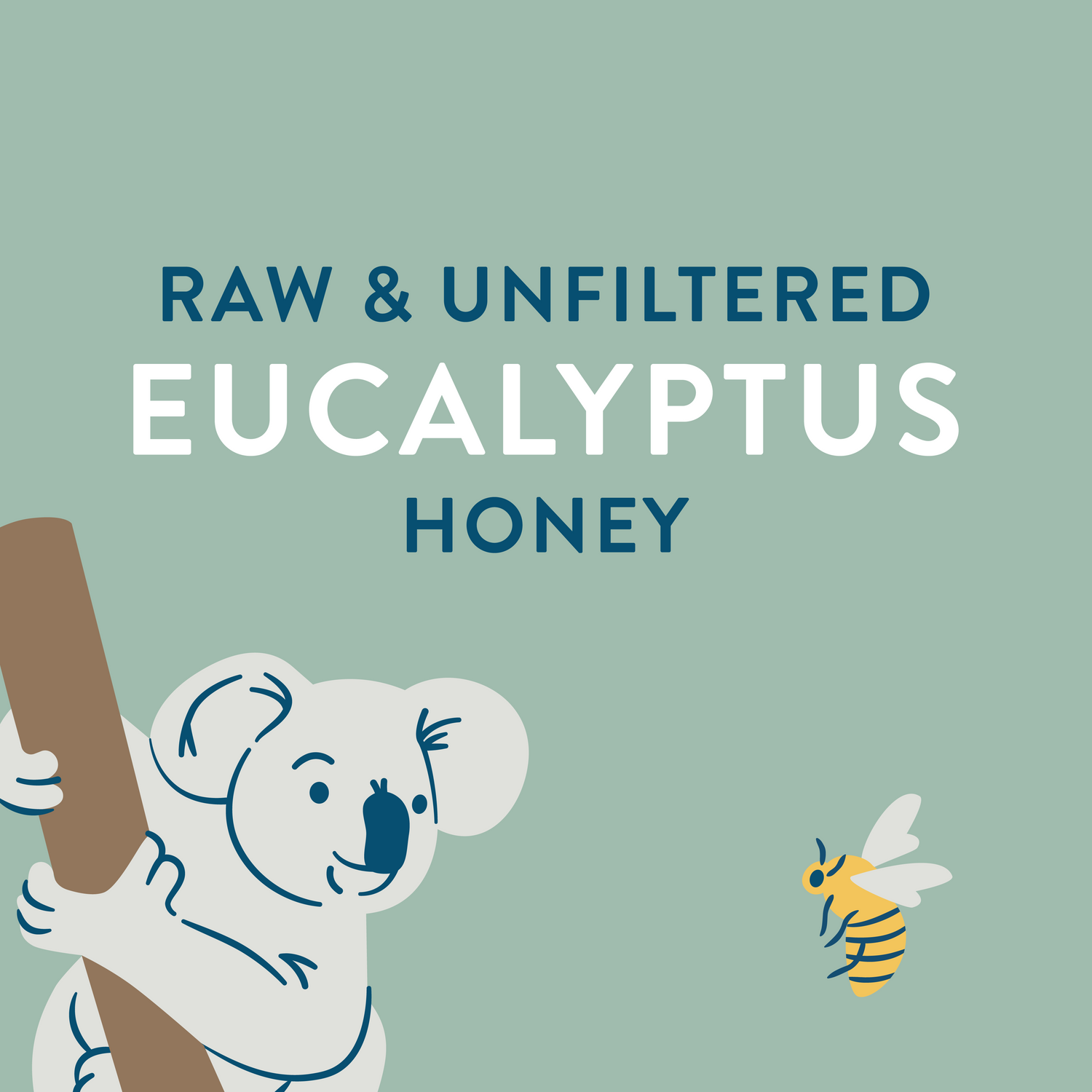 Raw & Unfiltered Eucalyptus Honey in a green square with a picture of a koala looking at a bee